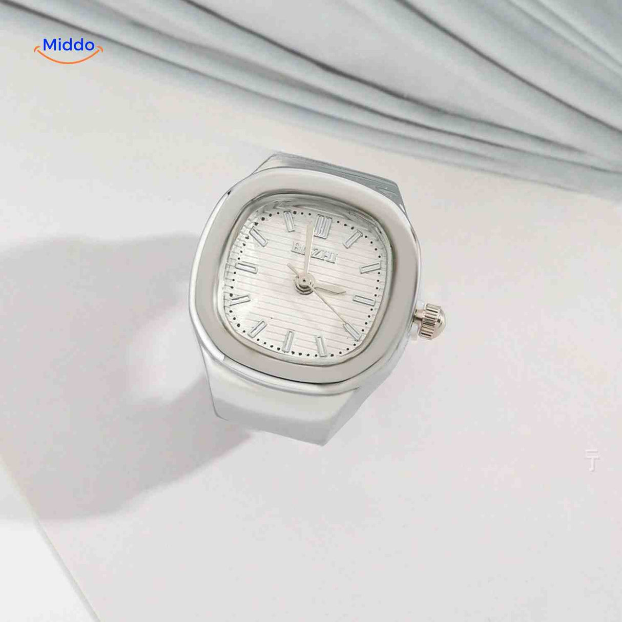 Silver ring watch with white square dial.