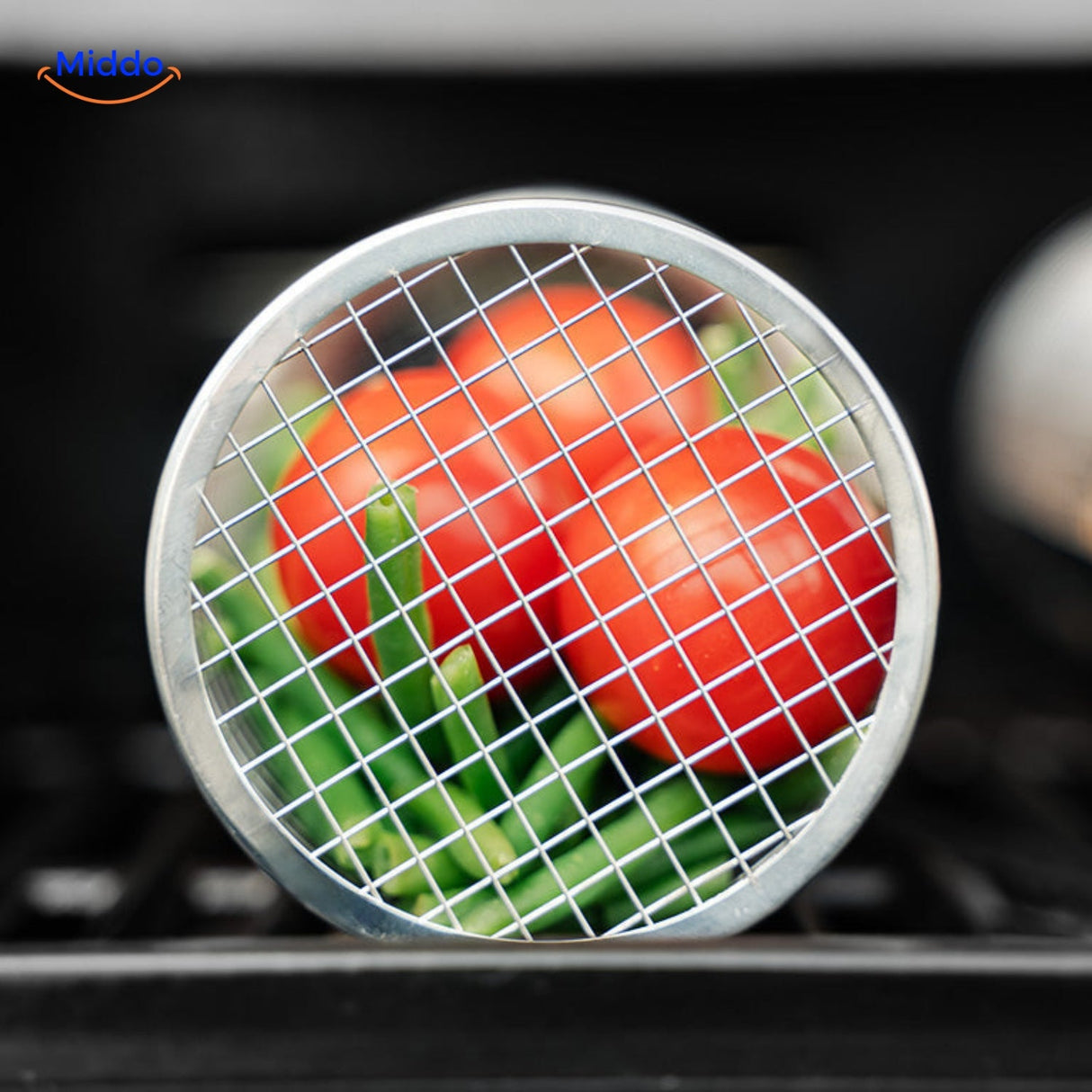 RollingGrill grill basket with small compartment perfect for grilling delicate ingredients.