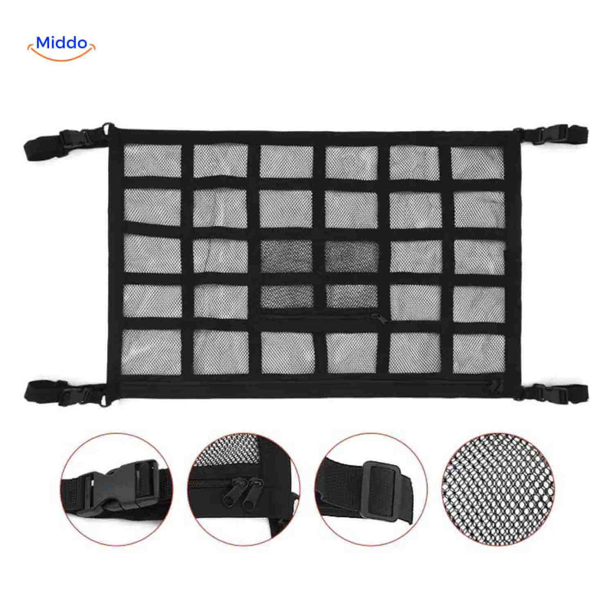 Roof storage net with multiple compartments and buckle straps for secure fit.