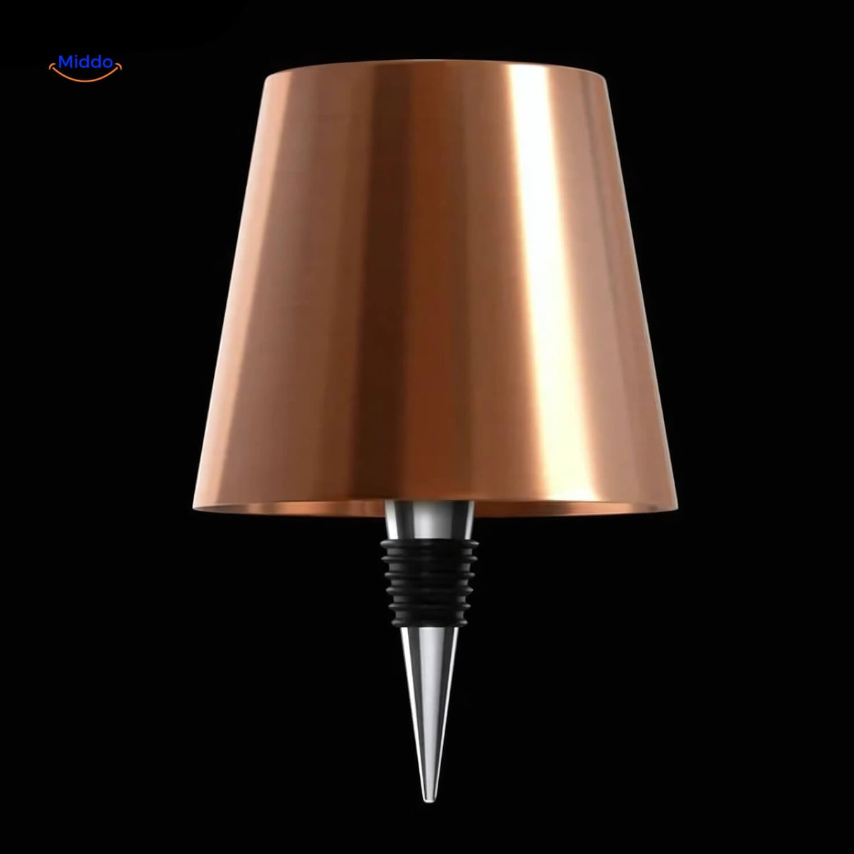 Rose gold rechargeable bottle lamp with warm elegant ambient lighting.