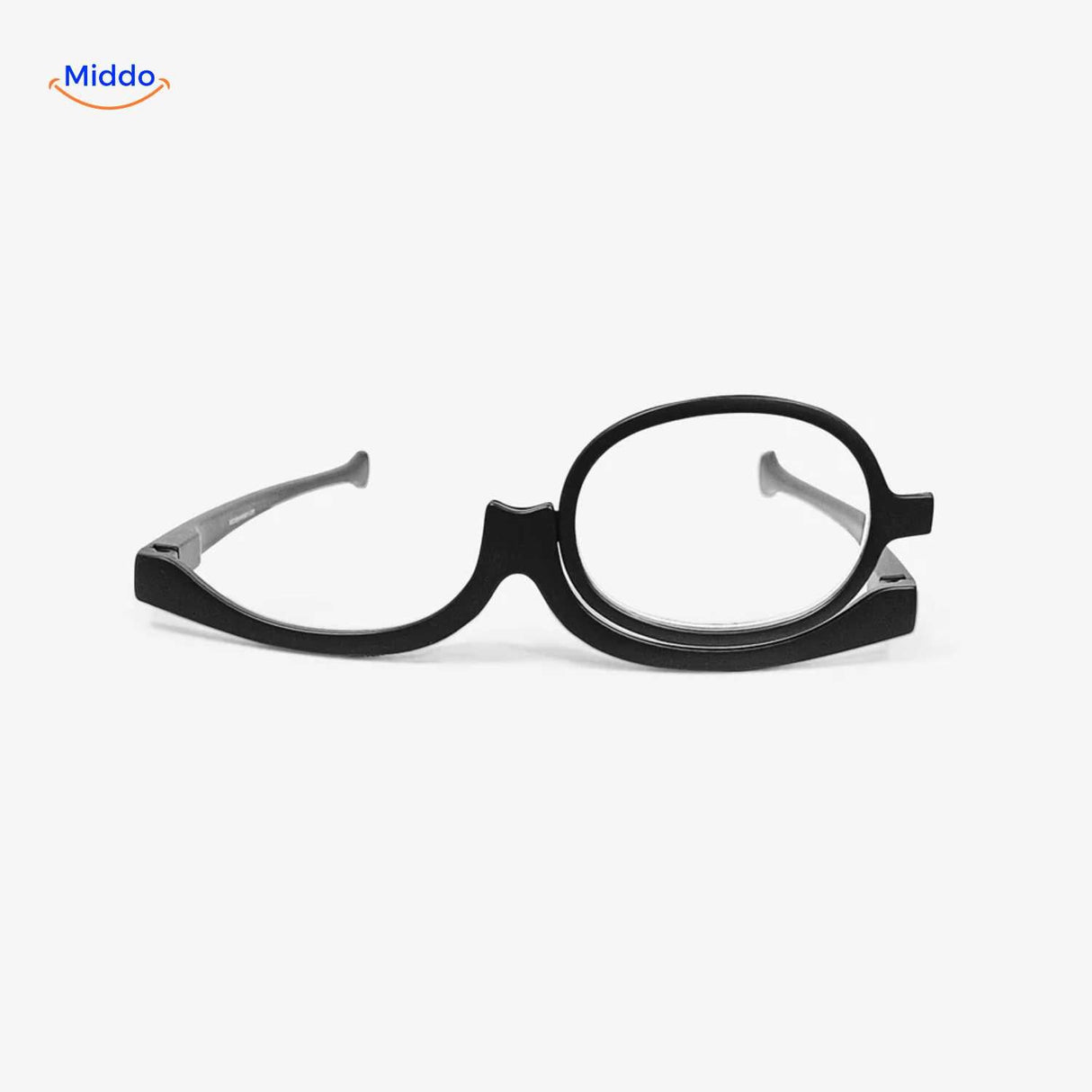 Front view of black single-lens rotating makeup reader glasses.