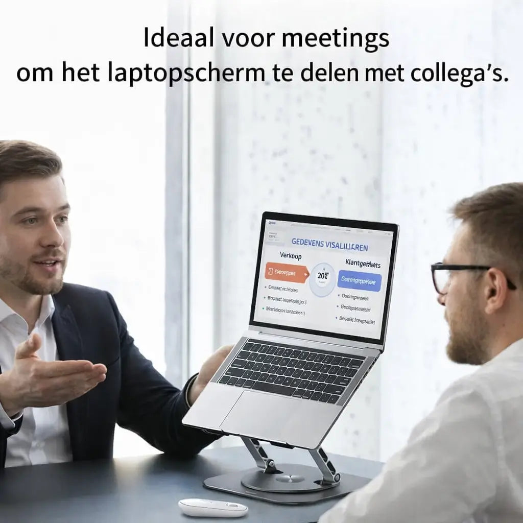 Rotating laptop tablet stand in an office meeting setting for collaborative work.