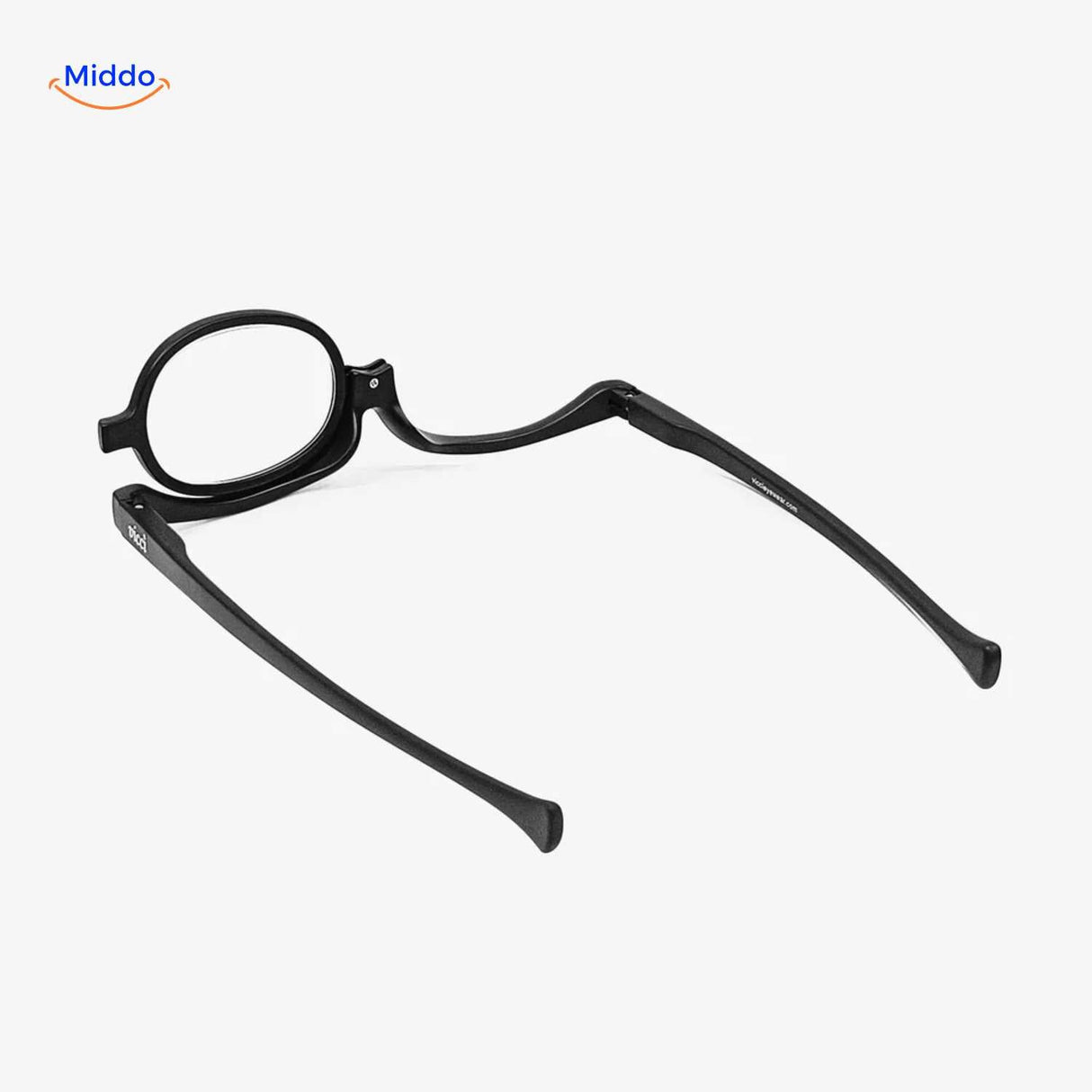 Angled view showing the rotating hinge mechanism of makeup reader glasses.