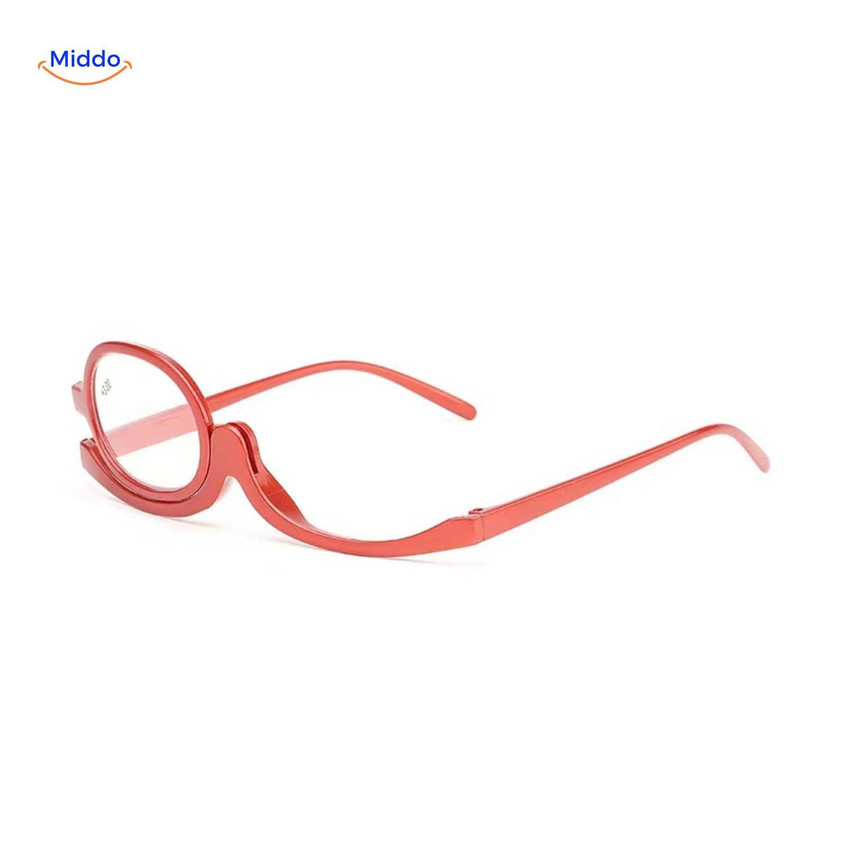 Red rotating makeup reader glasses optimized for precision cosmetic application.