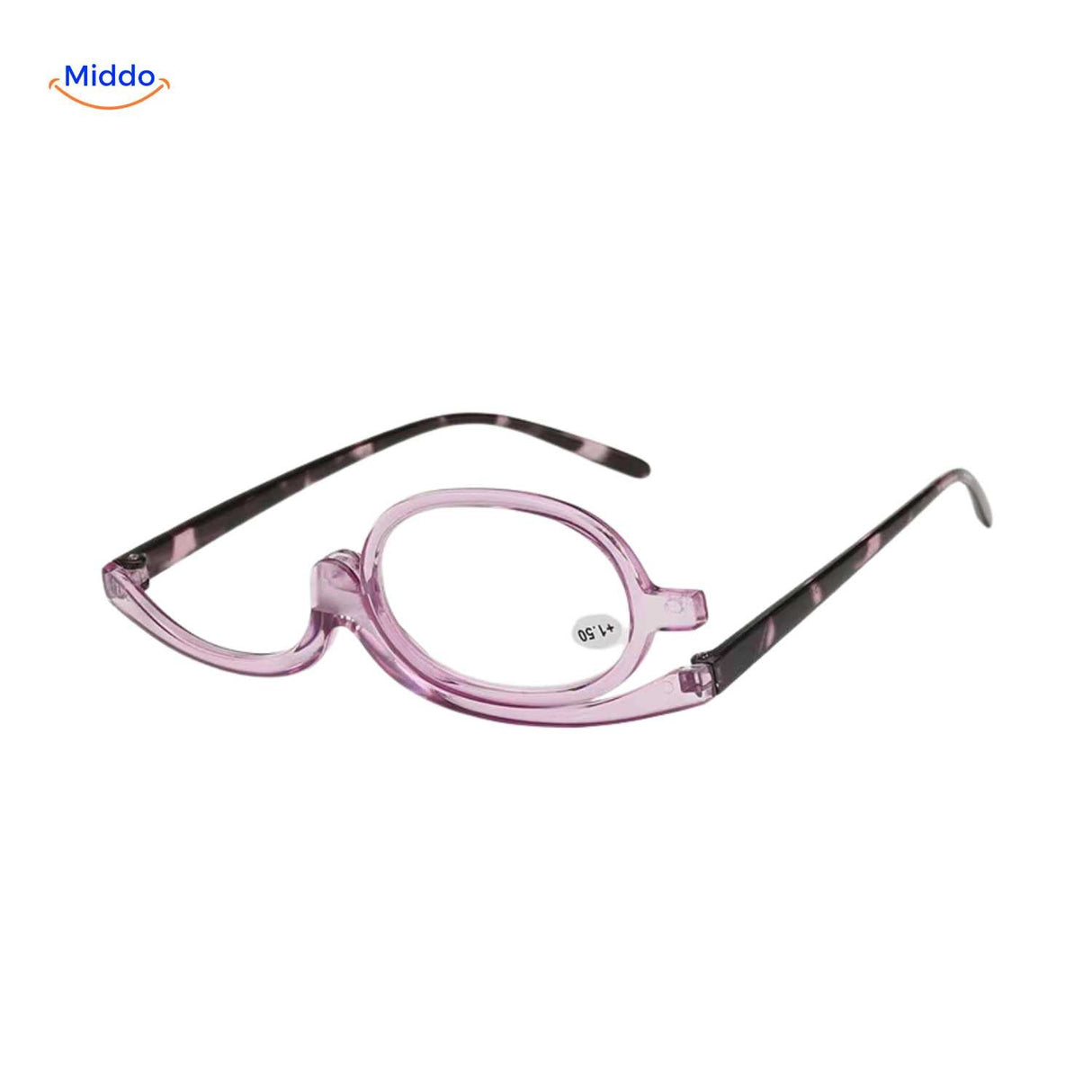 Light purple rotating makeup reader glasses with dark frame arms.