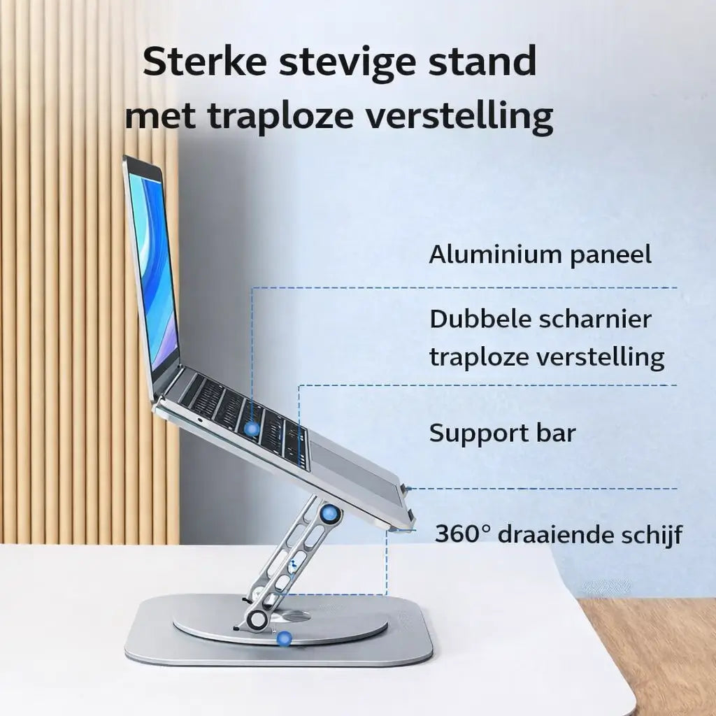 Durable 360-degree rotating laptop stand showing strong build and rotation mechanism.