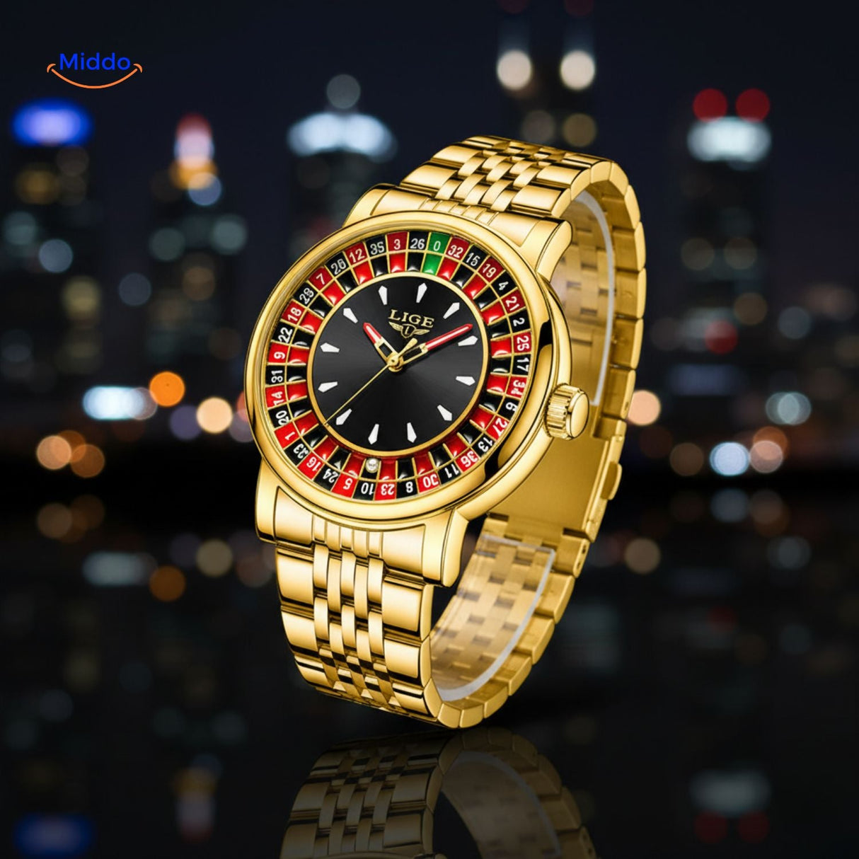 Gold roulette watch with a casino-style spinning dial