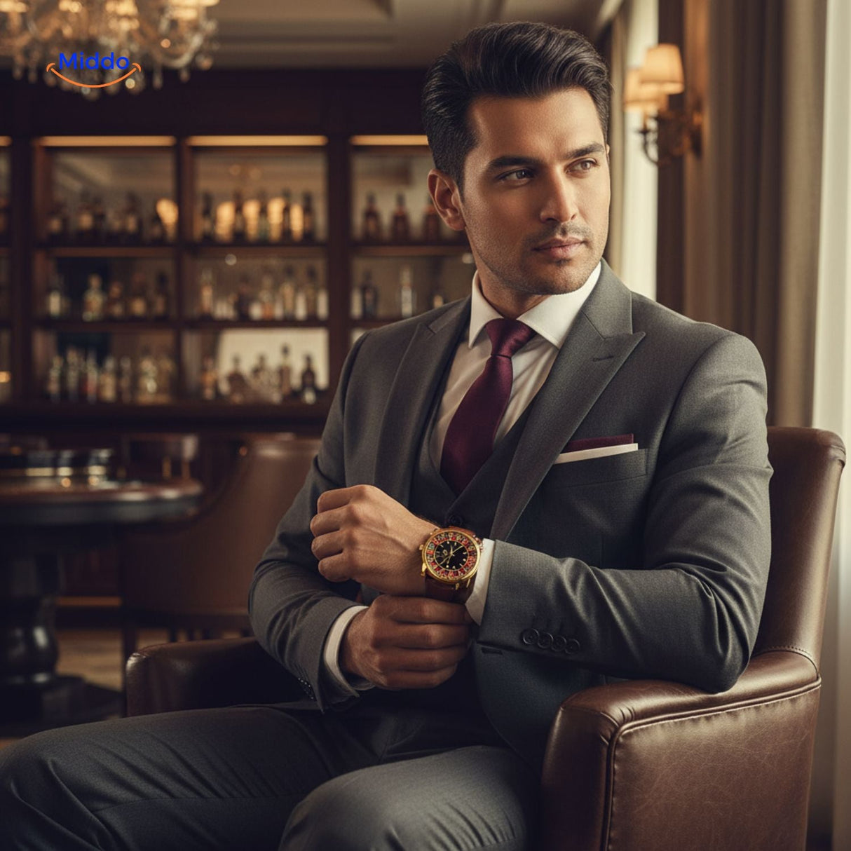 Stylish gold roulette watch shown as a men's wristwatch