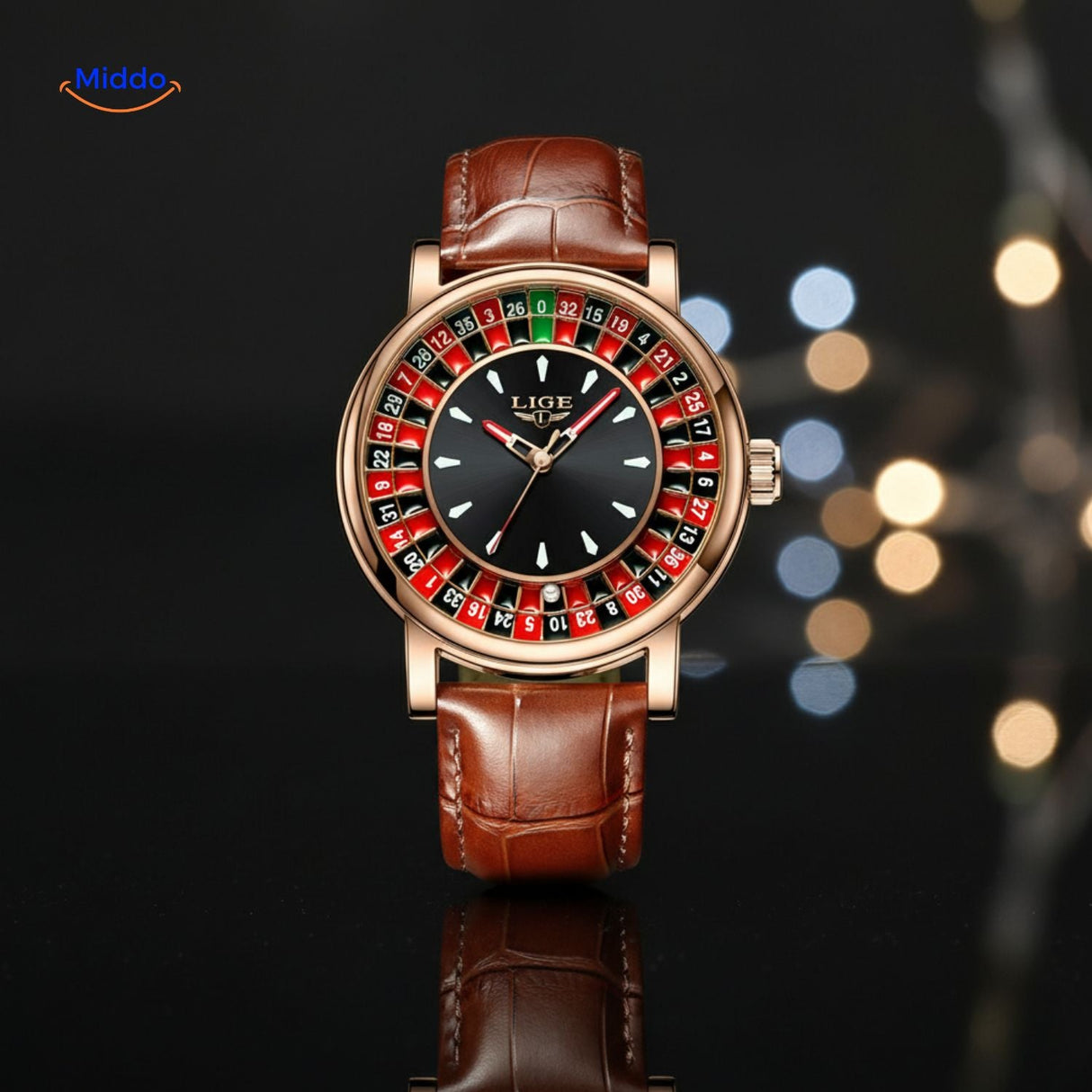 Rose gold roulette watch with a leather strap