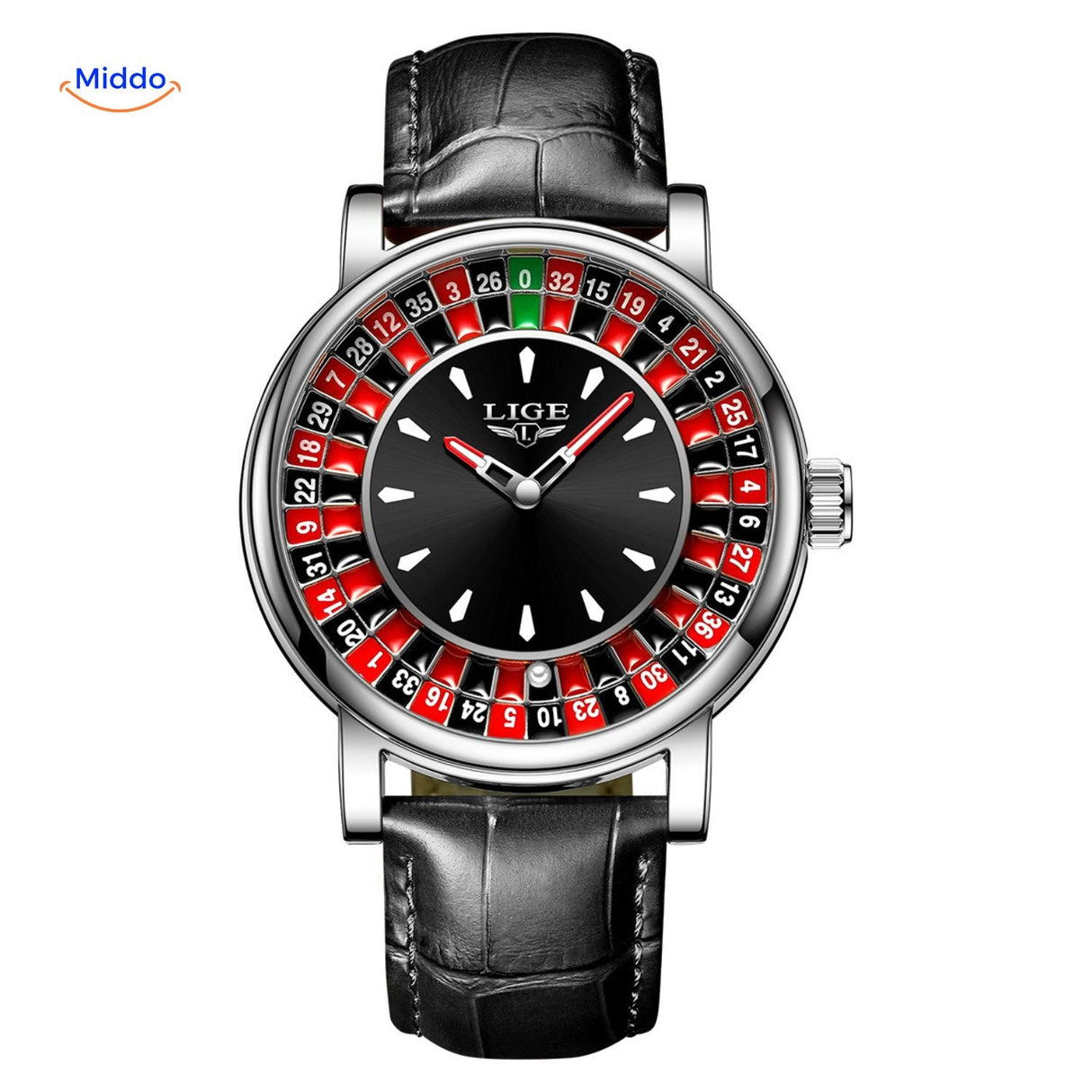 Silver roulette watch shown from the front