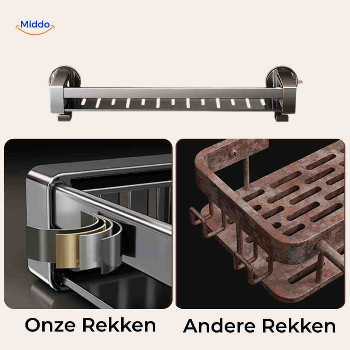 Rust-proof stainless steel suction shelf versus corroded model comparison.