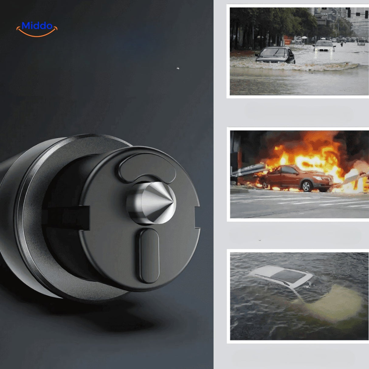 Safekey multifunctional car emergency tool combines window breaker and seatbelt cutter in one.