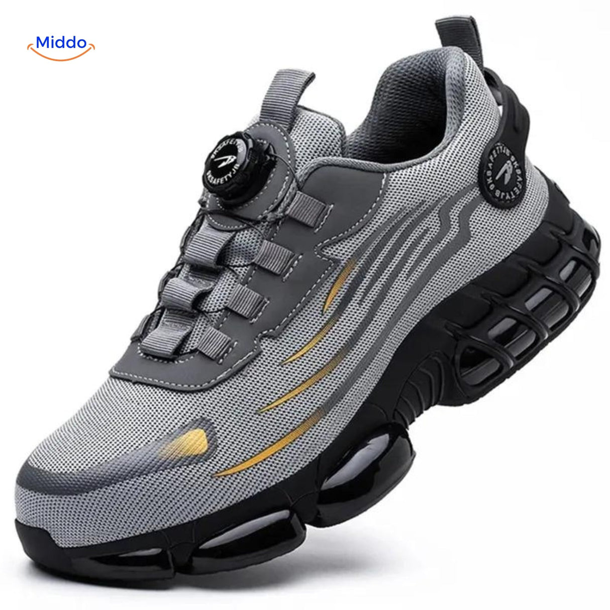 Grey steel toe safety shoes with dial fit system for secure workplace protection.