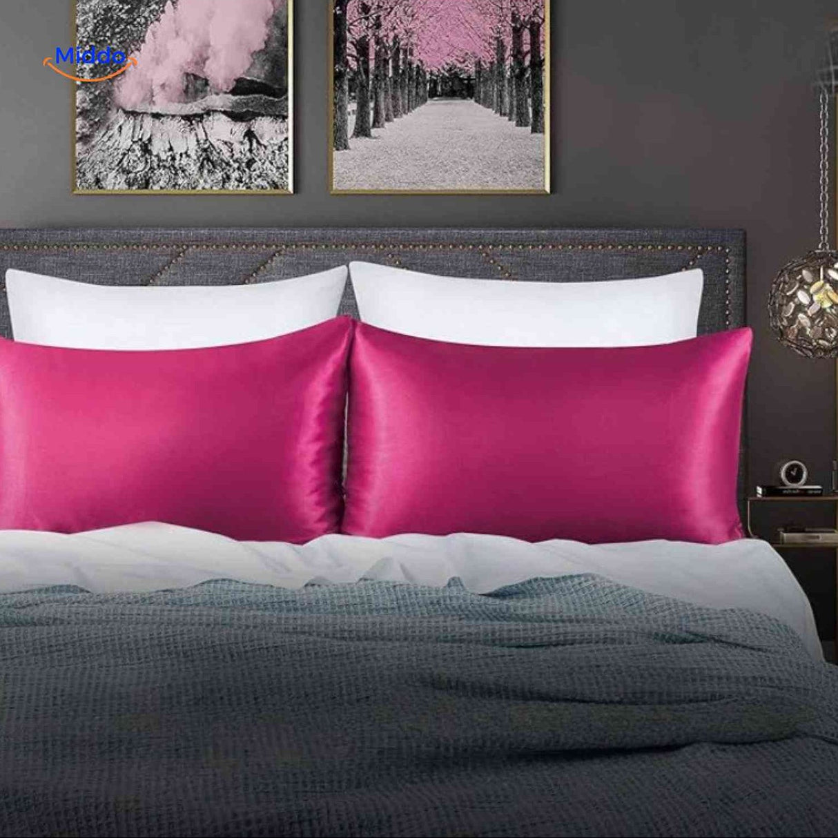 Fuchsia satin pillowcase displayed flat vibrant color option.
