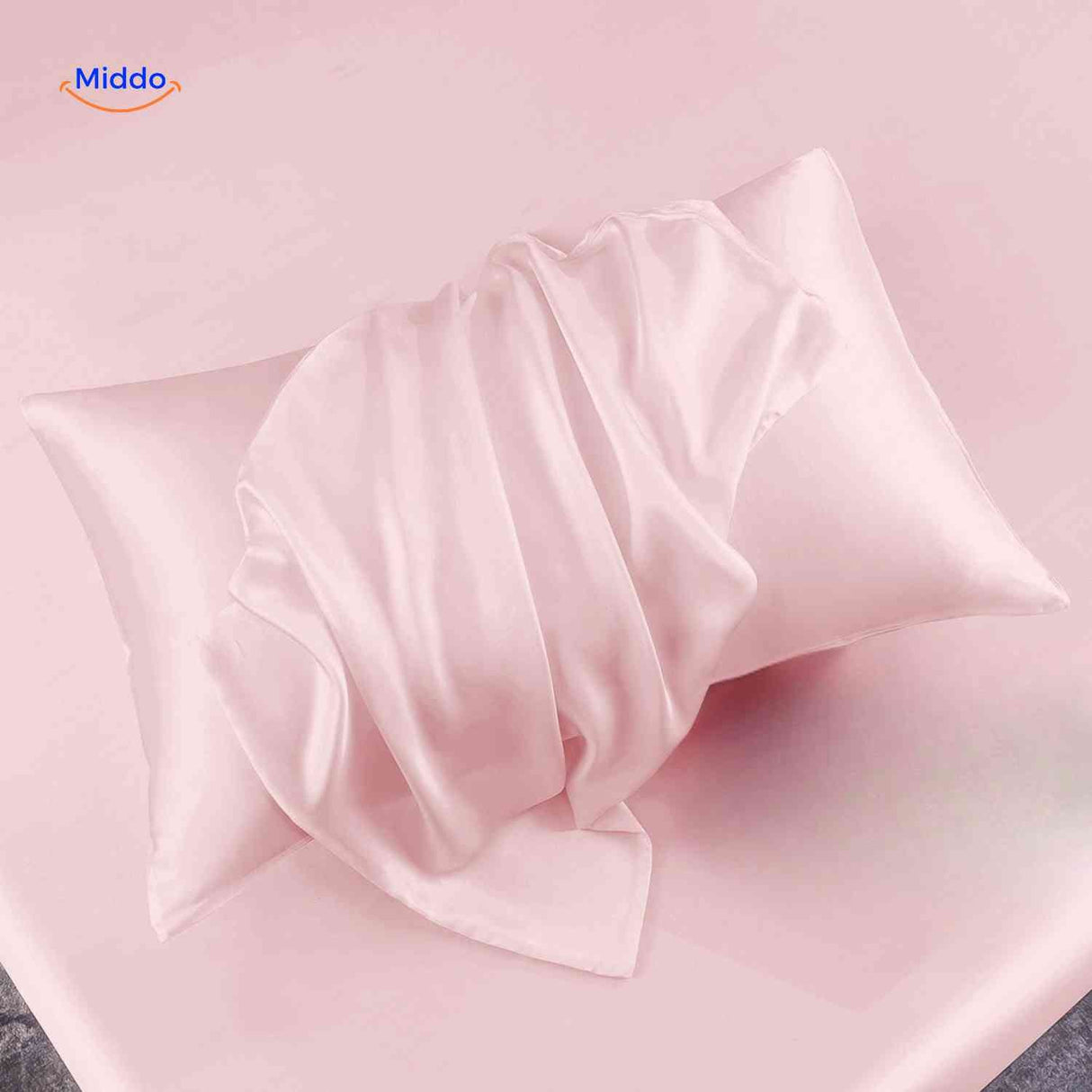 Light pink satin pillowcase displayed flat with premium finish.