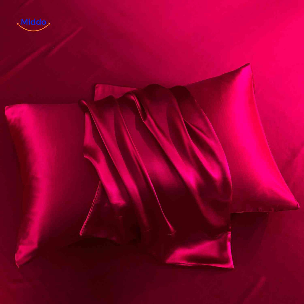 Red satin pillowcase displayed flat premium quality fabric.