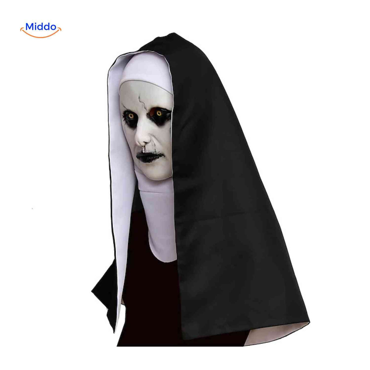 Scary latex nun mask with terrifying expression for Halloween.