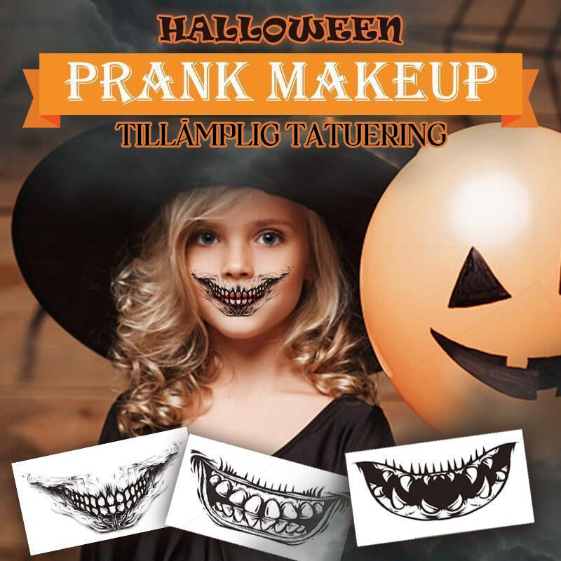 Creepy smile Halloween temporary tattoo design applied to face for spooky effect.
