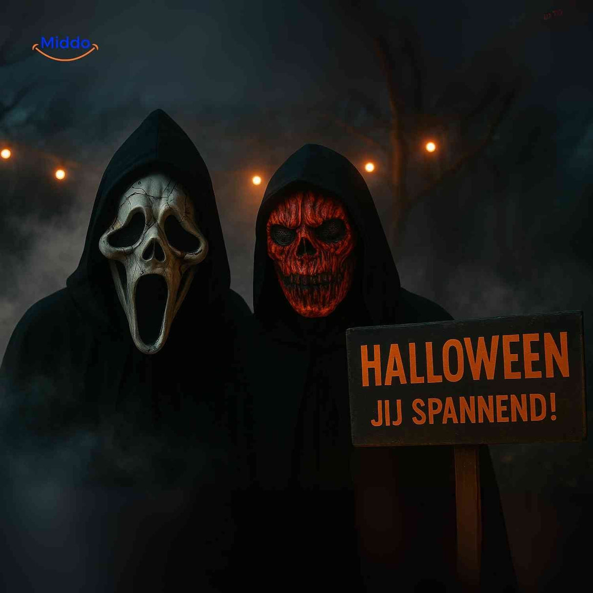 Red and white skull horror masks styled as a spooky pair.