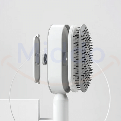 Self-cleaning hair brush with interchangeable attachment heads for different hair types.