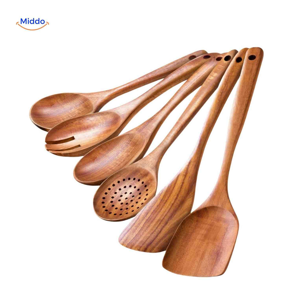 Seven-piece wooden kitchen utensil set with spatulas and spoons in various sizes.
