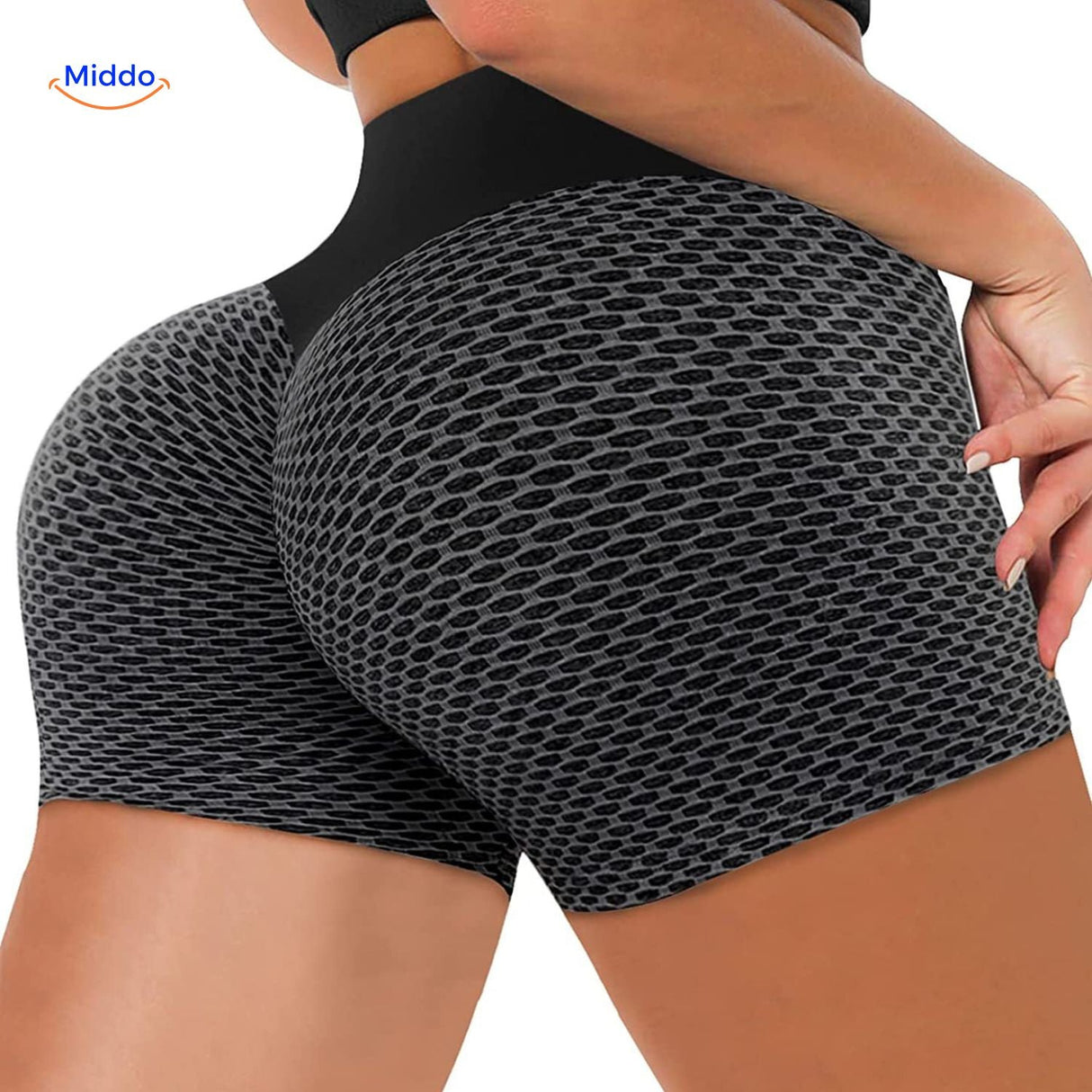 Gray textured ion fiber shaping shorts with seamless construction for smooth body shaping.