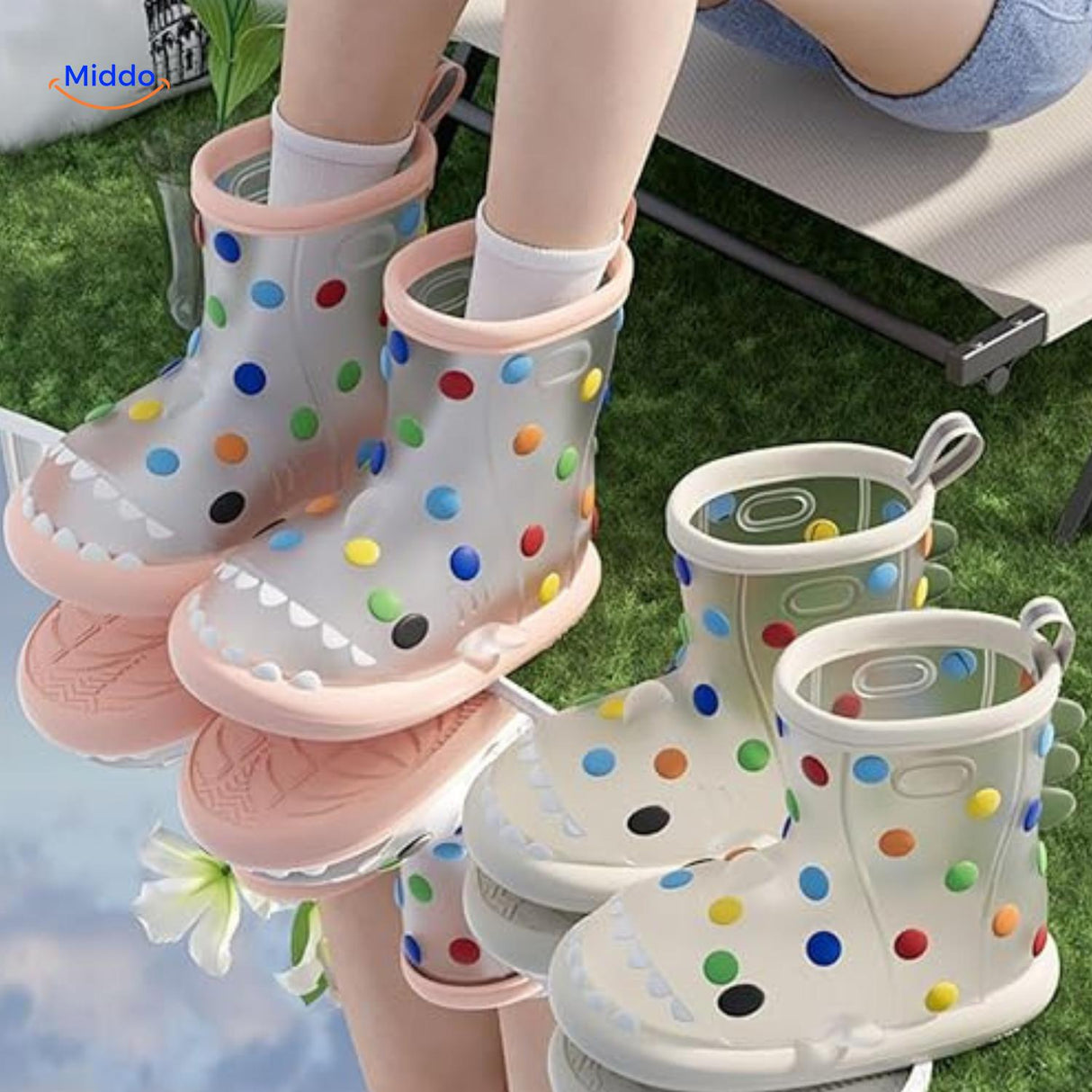 Shark rain boots on outdoor terrain with muddy ground, ideal for kids' playtime.