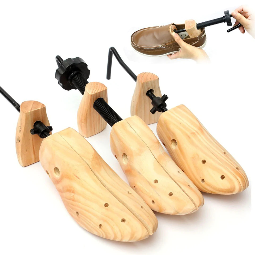 Shoe stretcher pair for making tight shoes wider and more comfortable.
