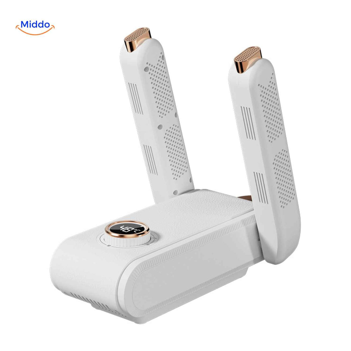 Shoe warmer with dual arm and LED display for convenient operation.