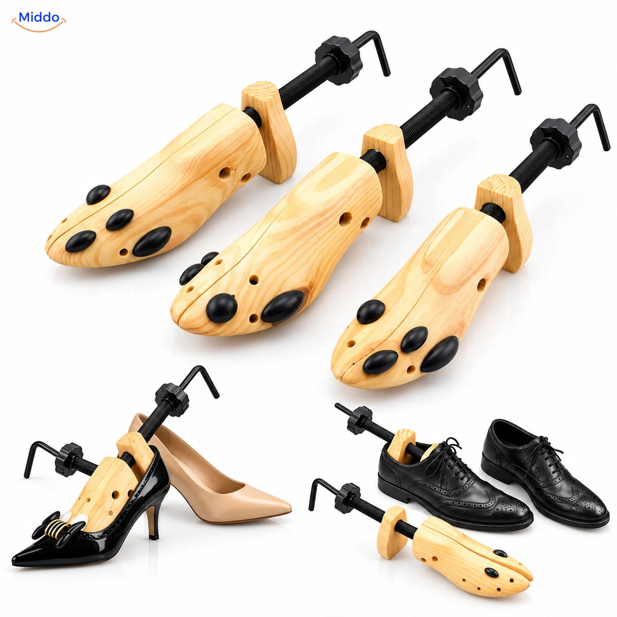 Wooden shoe stretchers for heels and lace-up dress shoes.