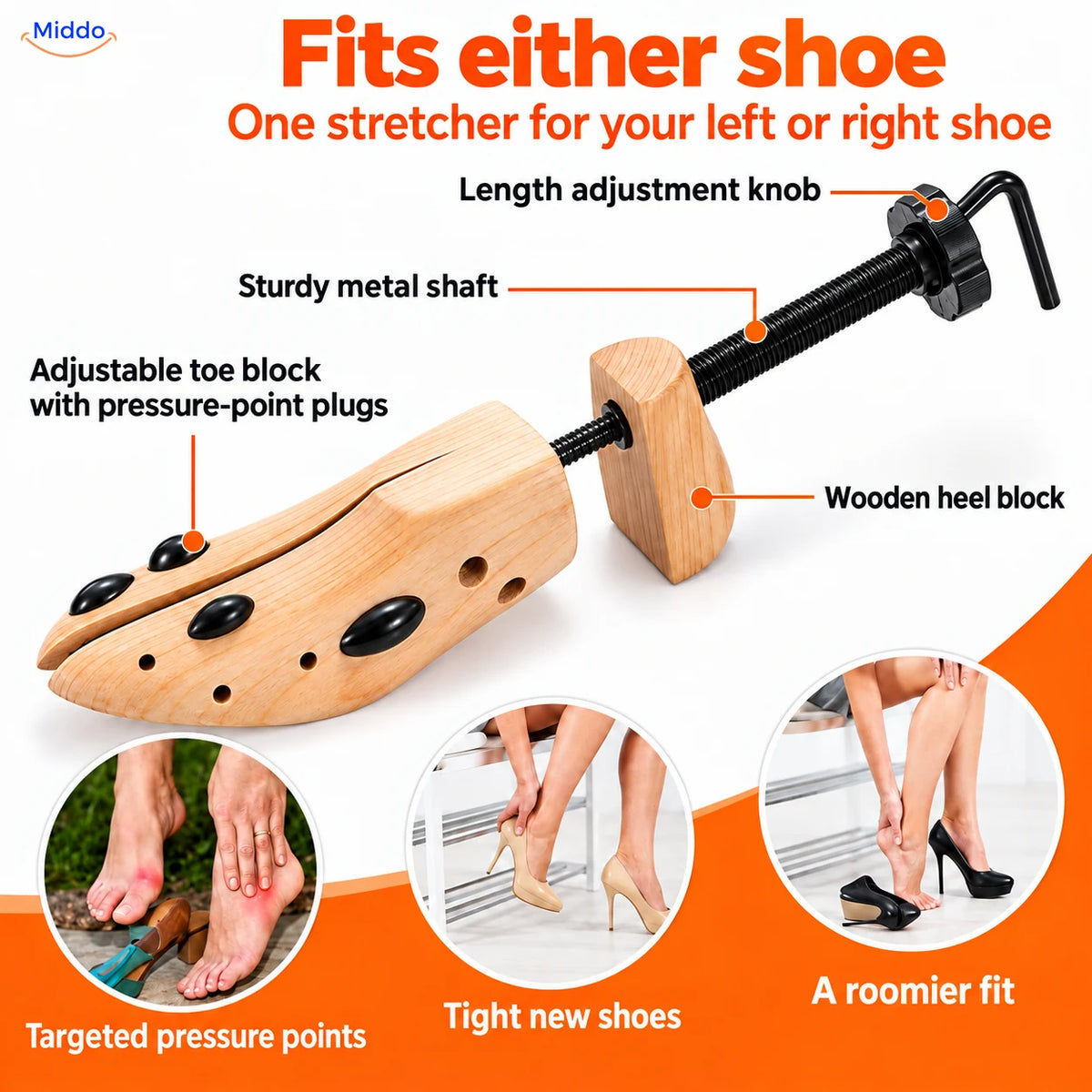 Adjustable wooden shoe stretcher for either shoe.