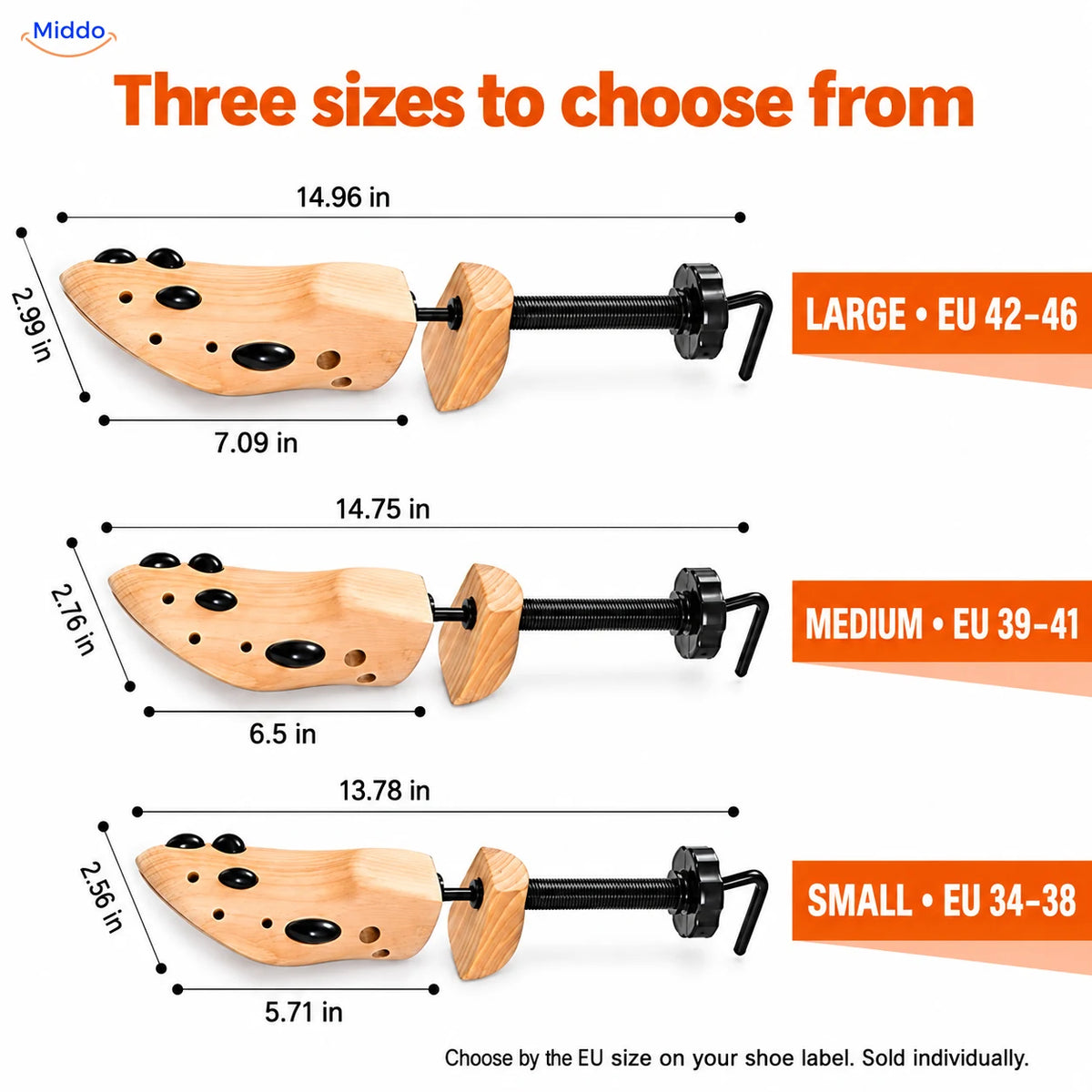 Shoe stretcher size guide with EU sizes and dimensions in inches.