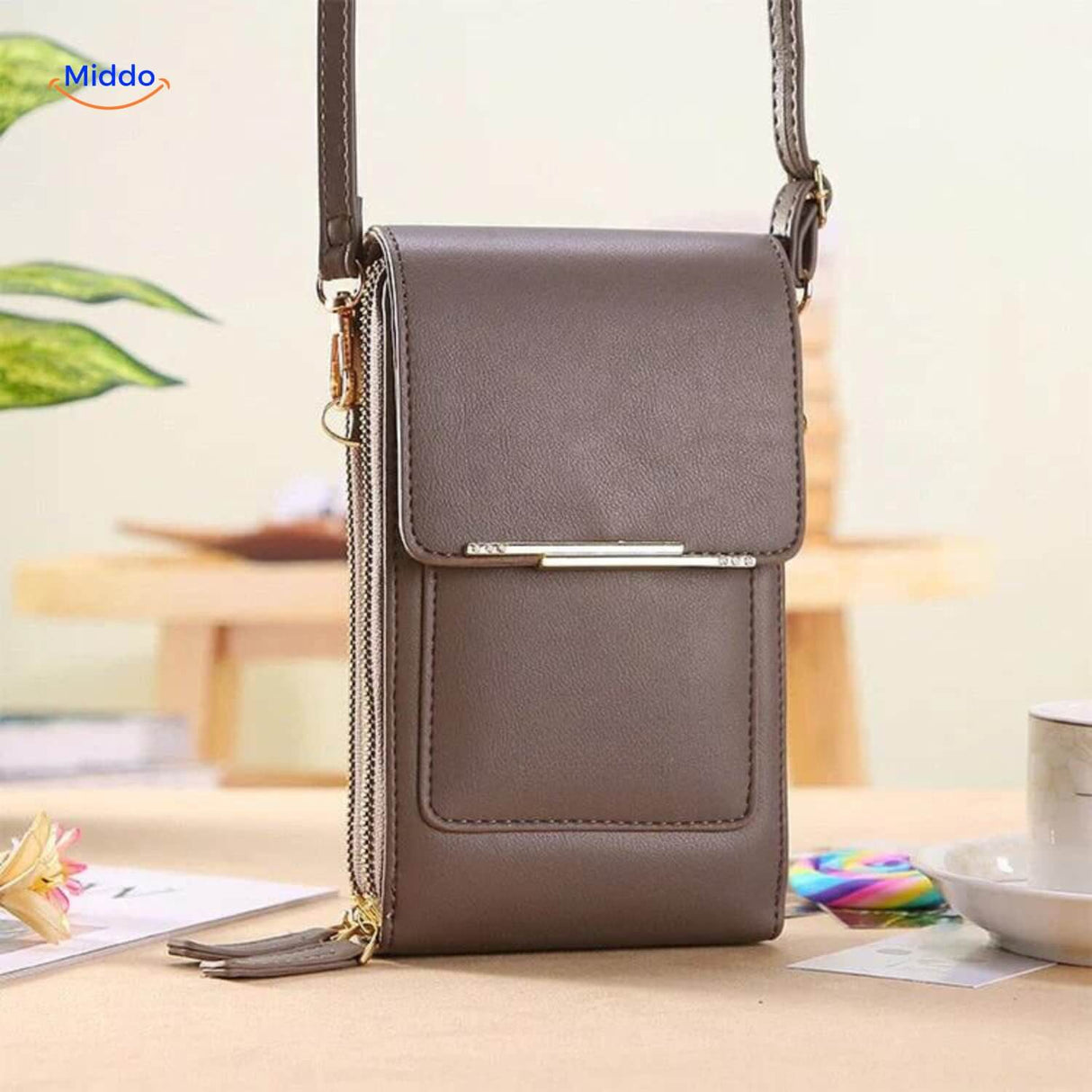 Gray TouchScreenGo shoulder bag with durable compact form and touchscreen.