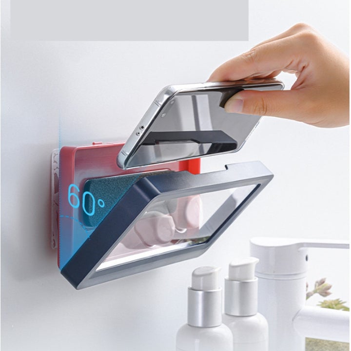 Waterproof phone holder opened to 60-degree viewing angle for hands-free use.