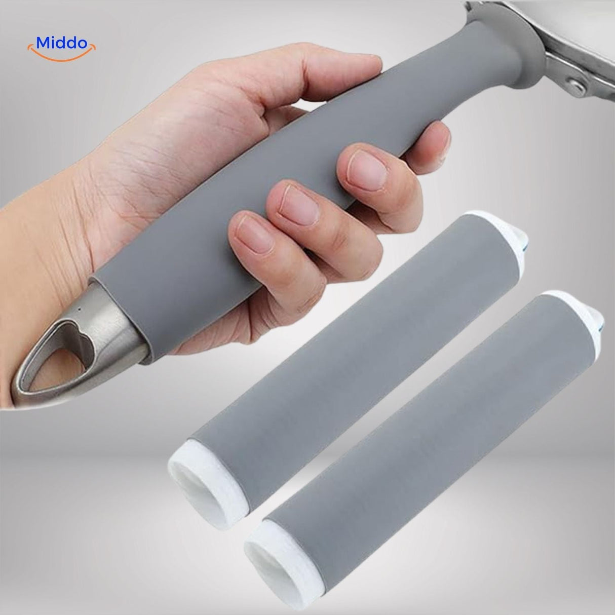 Durable two-piece grey silicone handle protector set for kitchen cookware.