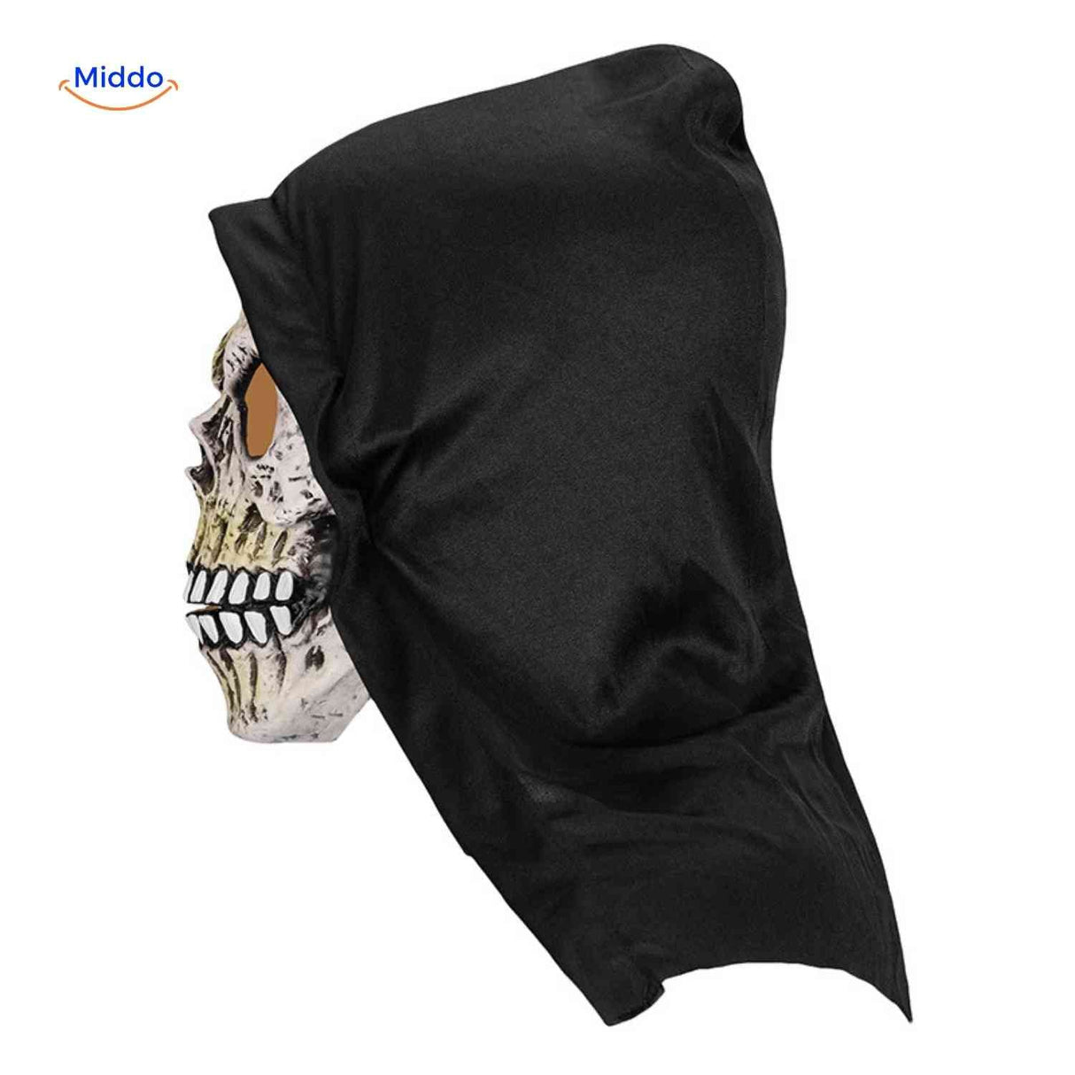 Scary skull mask with black hood and grim appearance.