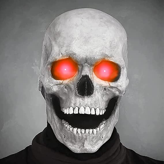 White skull mask with glowing red eyes for spooky Halloween effect.
