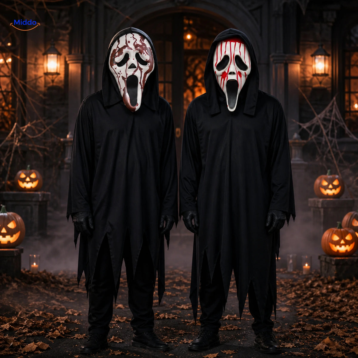 Skullora blood-splatter and dripping-blood masks at a Halloween entrance