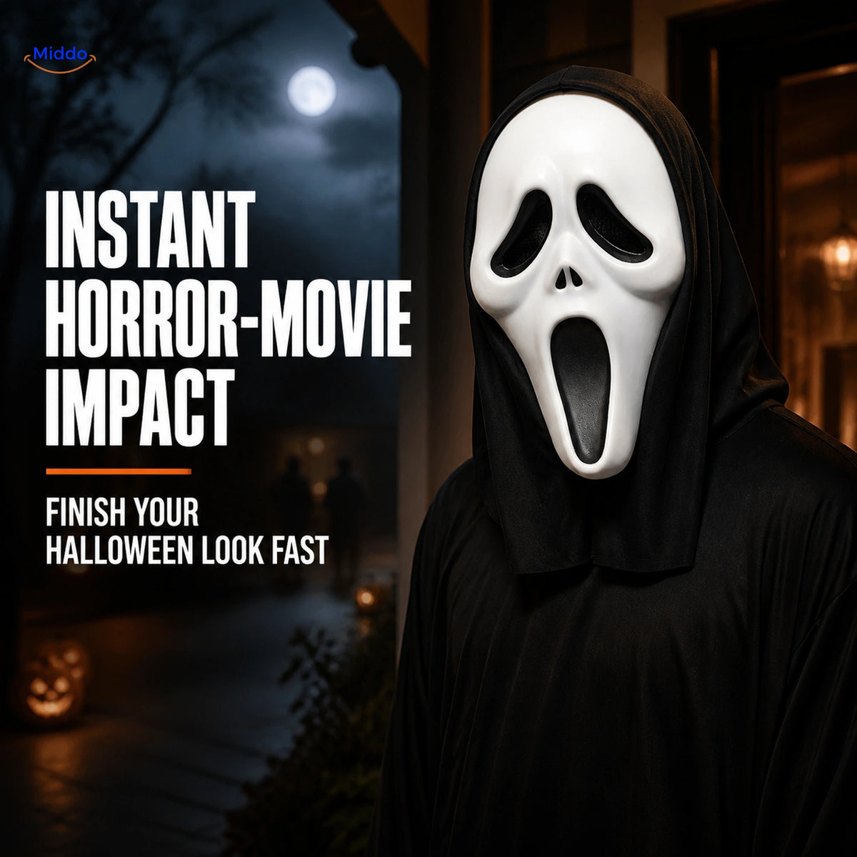 Skullora white screaming-face mask completing a Halloween horror costume