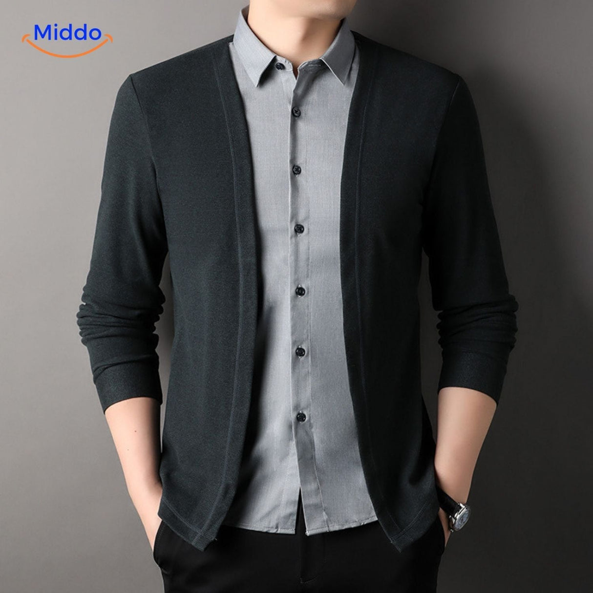 Side view of slim fit 2-in-1 knit shirt showing silhouette.