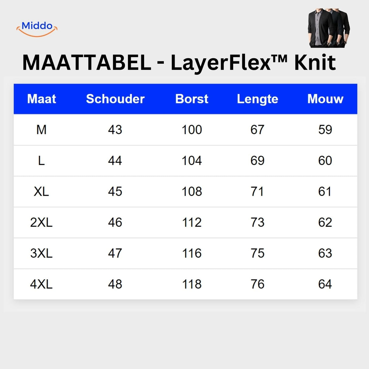Size chart for men's slim fit 2-in-1 knit shirt measurements.
