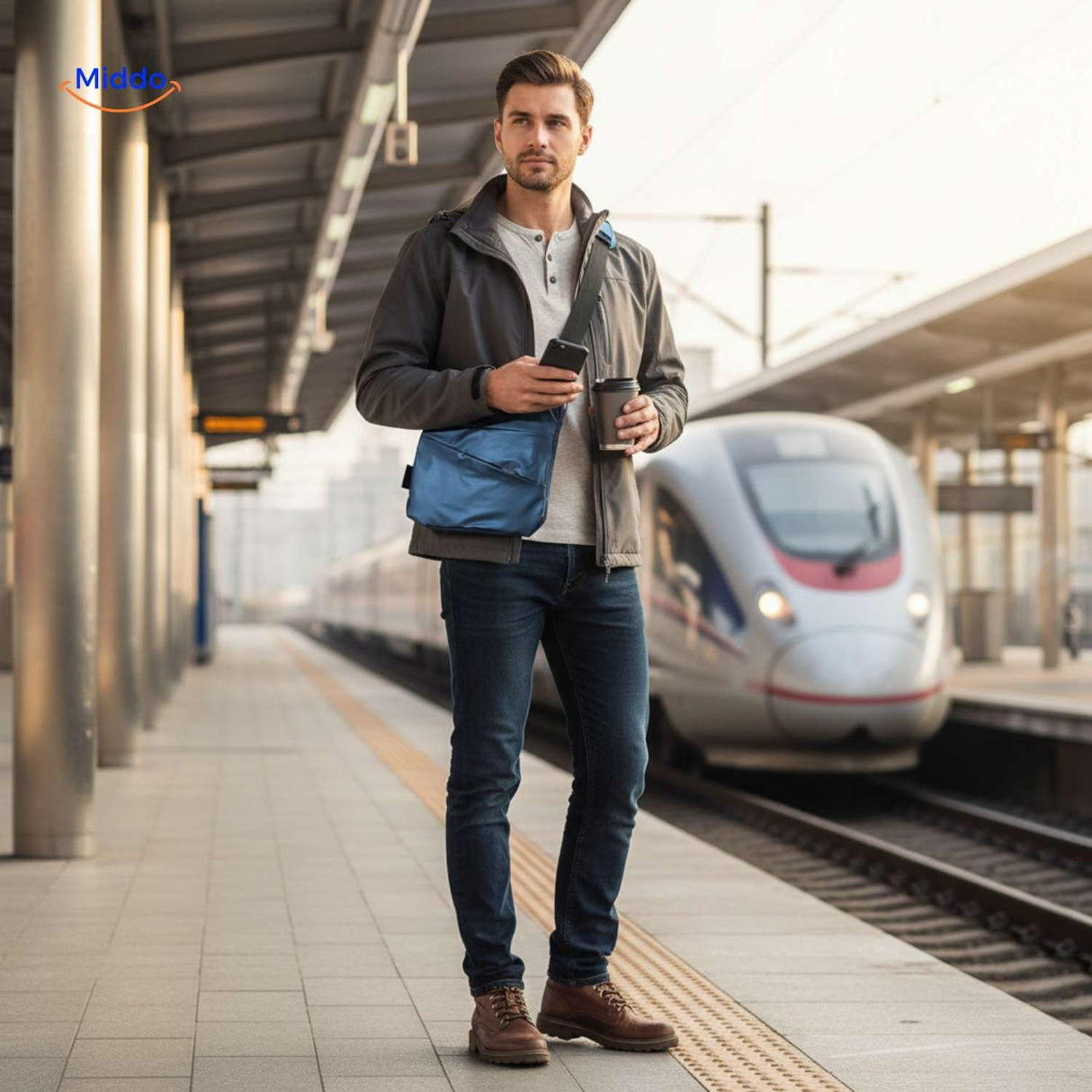 Blue sling bag worn by traveler at transit station.