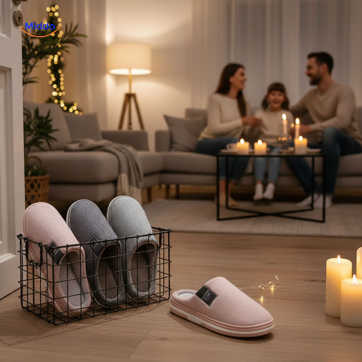 Family gathering with cozy slippers and warm candlelight ambiance.
