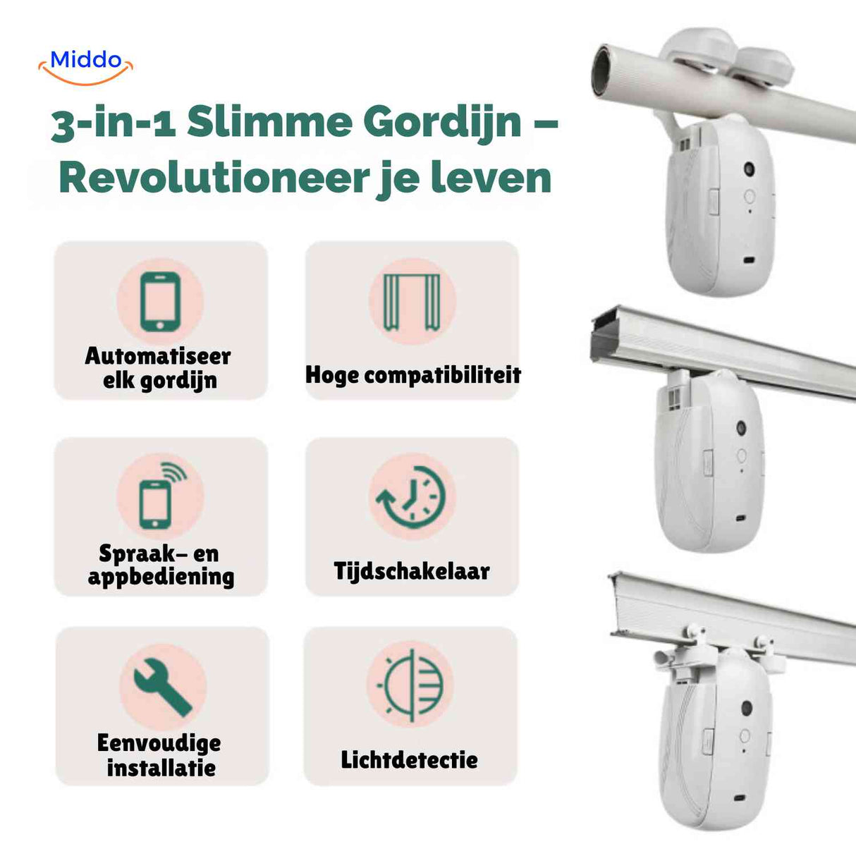 3-in-1 smart motor with app control, voice activation, and light sensor.