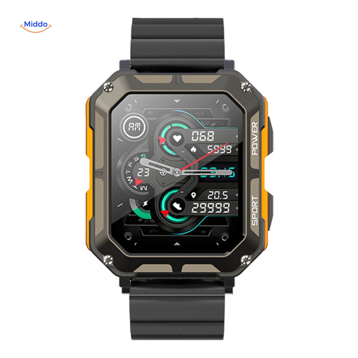Steellink smartwatch with eco-friendly bamboo band in orange.