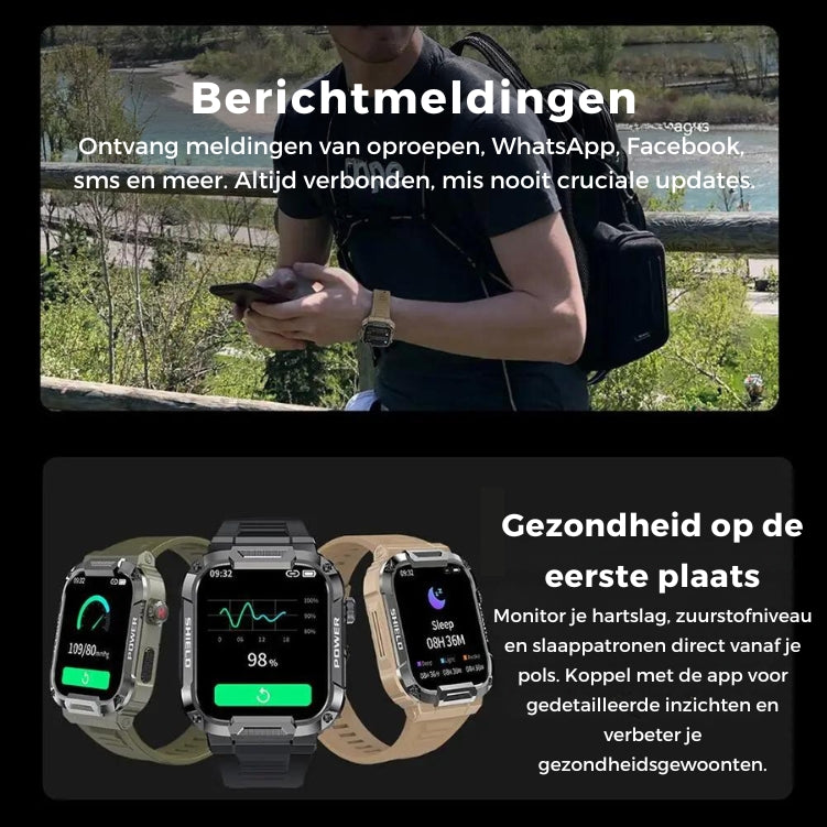 Galaxy Armor smartwatch displaying notifications and health tracking features on screen.