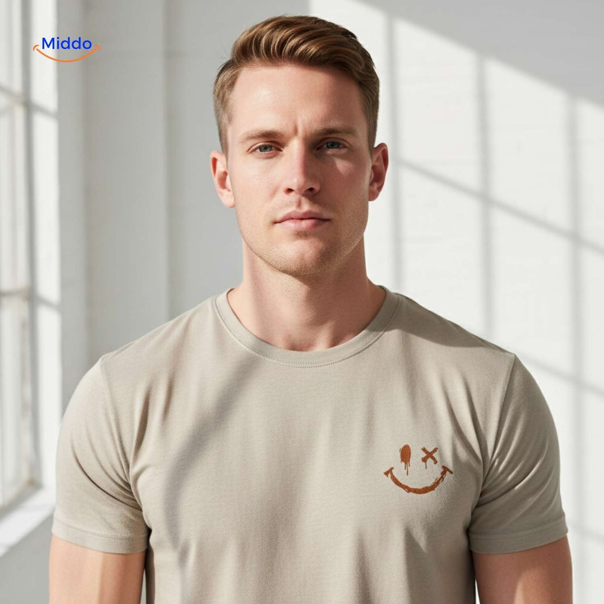 Close-up of smiley logo on beige cotton t-shirt showing print quality.