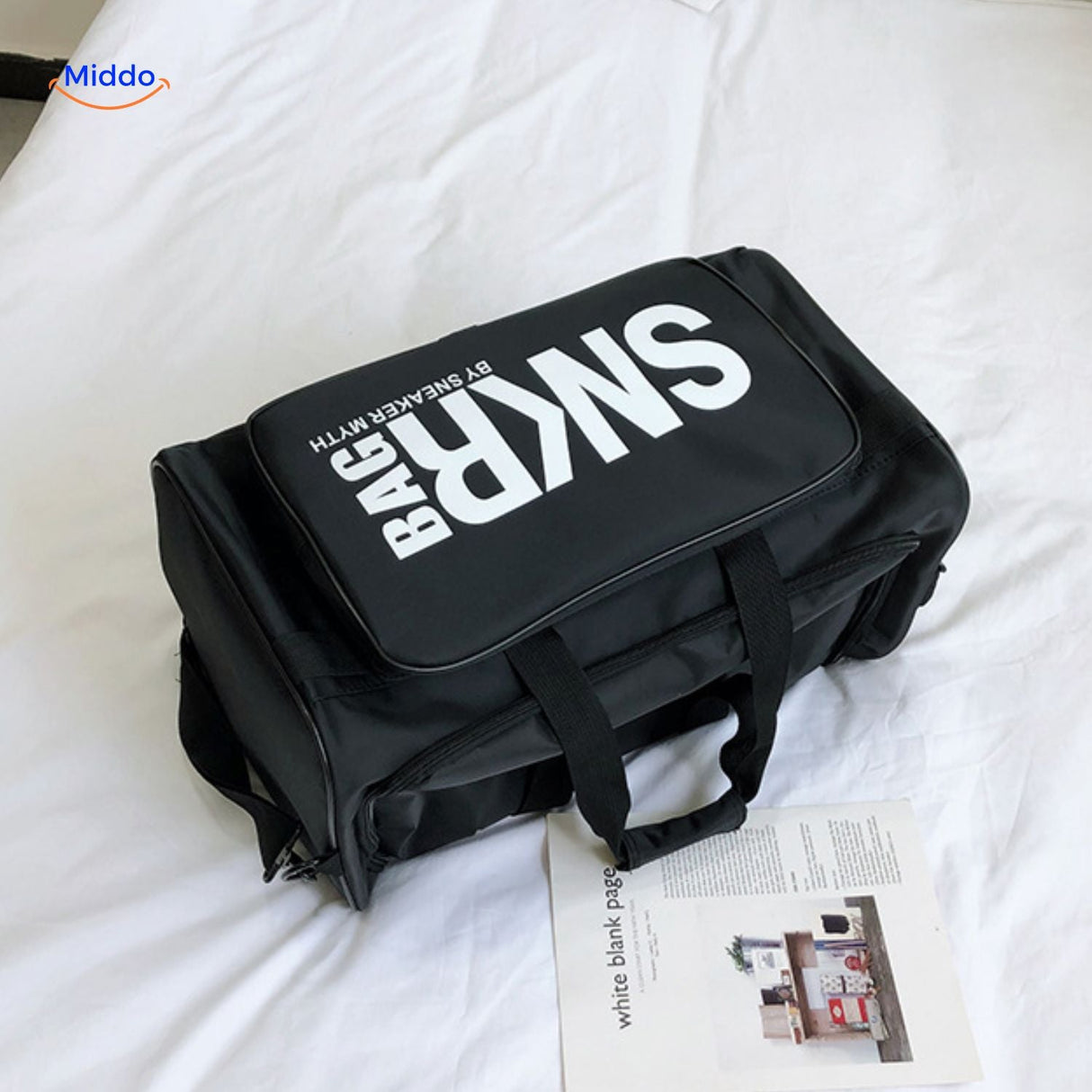 SNKRPro black sports bag full view with subtle text design.