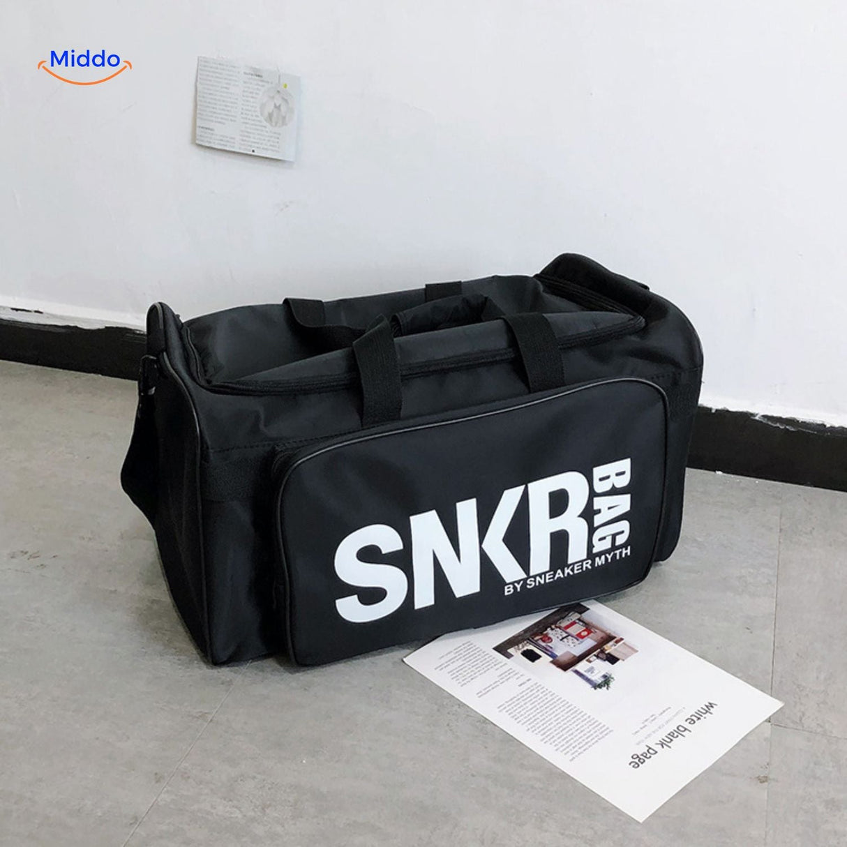 SNKRPro sports bag close-up with prominent white text branding detail.