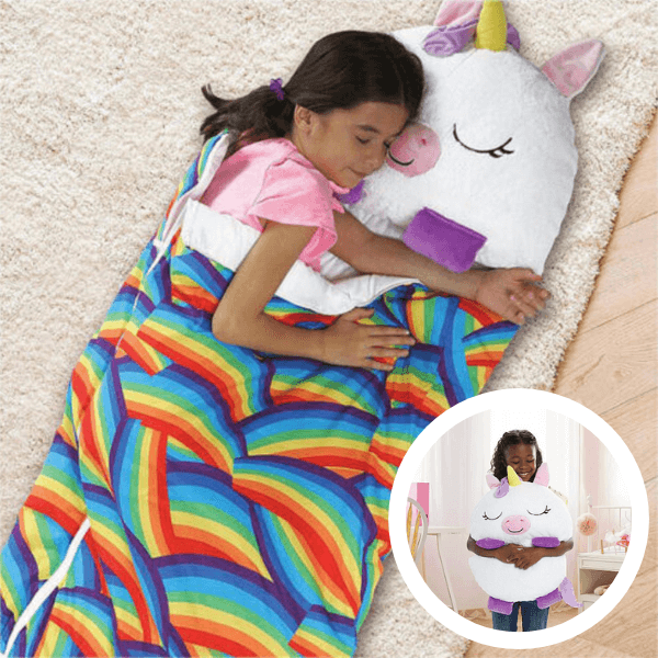 Cozy plush snuggle sleeping bag in rainbow design worn by child.